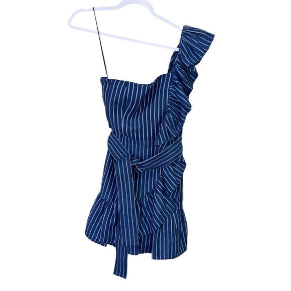 NEW Alexis Konner Striped One Shoulder Ruffle Denim Blue Mini Dress XS - Picture 4 of 10